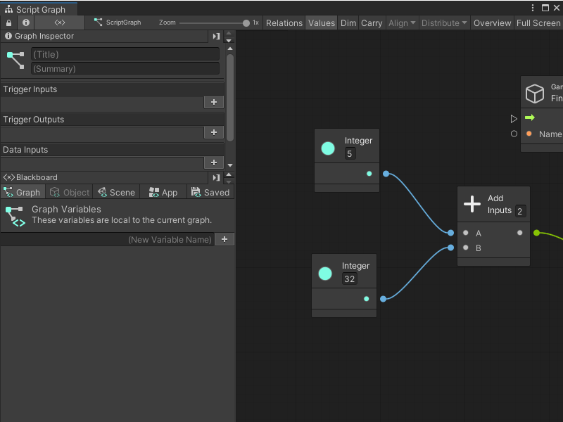 The Visual Scripting Graph window, showing a Script Graph.